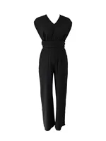 Women's Black Jumpsuit, Deep V Cross Neck, Tie Waist Straight Leg Pants, Elegant Daily Streetwear - Image 5