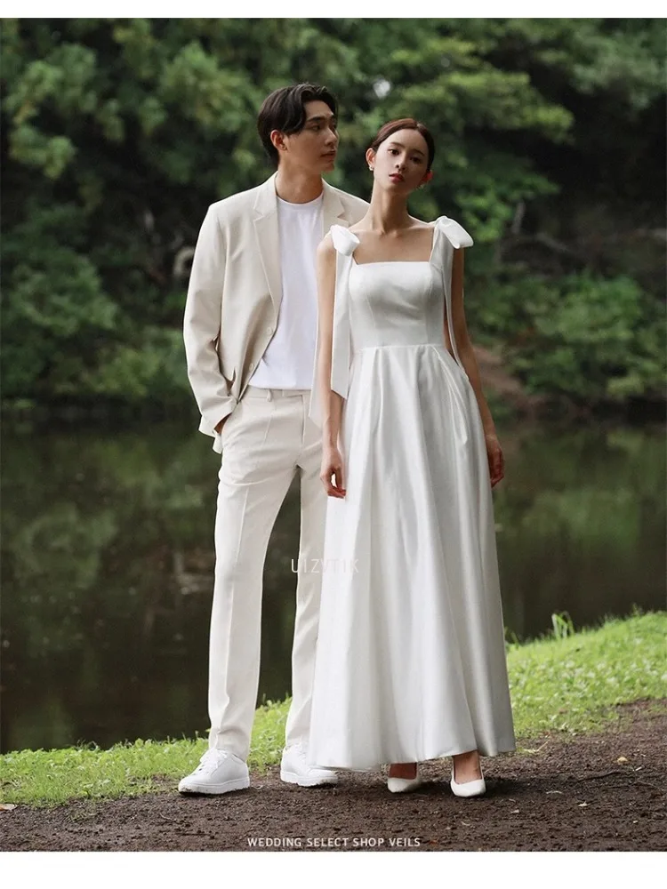 Vestidos de novia elegantes de satén blanco para mujer, sesión de fotos de Corea, correas ajustables, largo hasta el tobillo, vestido de novia con corsé en la espalda personalizado