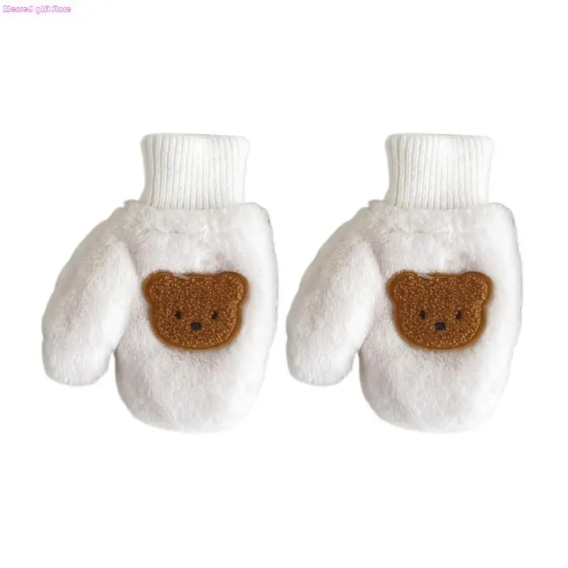 D0JC Warm Cartoon Bear Baby Mittens with Rope Kids Boy Girl Children Thick Mittens