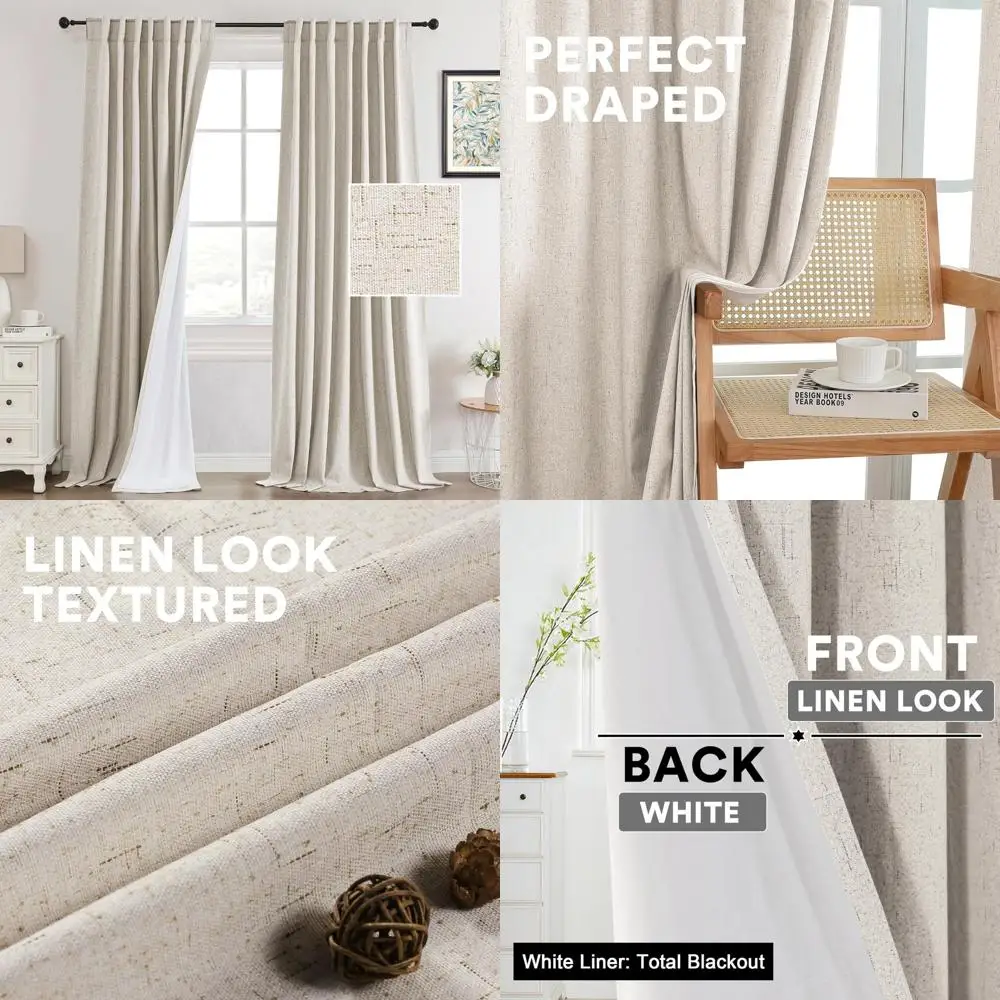 

PrinceDeco 100% Linen Blackout Curtains for Bedroom, 84 Length, 2-Panel Set with Back Tab and Rod Pockets