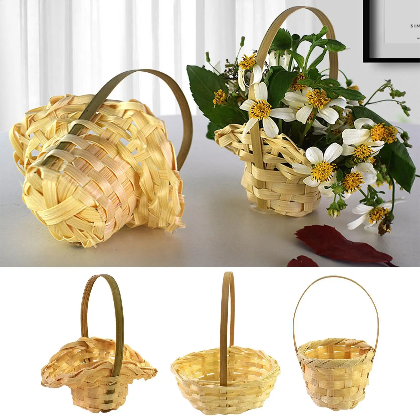 Handgewebter Blumenkorb, rustikaler Korb mit Griff, tragbar, Miniatur-Webkorb, Tischdekoration, Picknickkorb, Foto-Requisiten, vielseitig einsetzbar