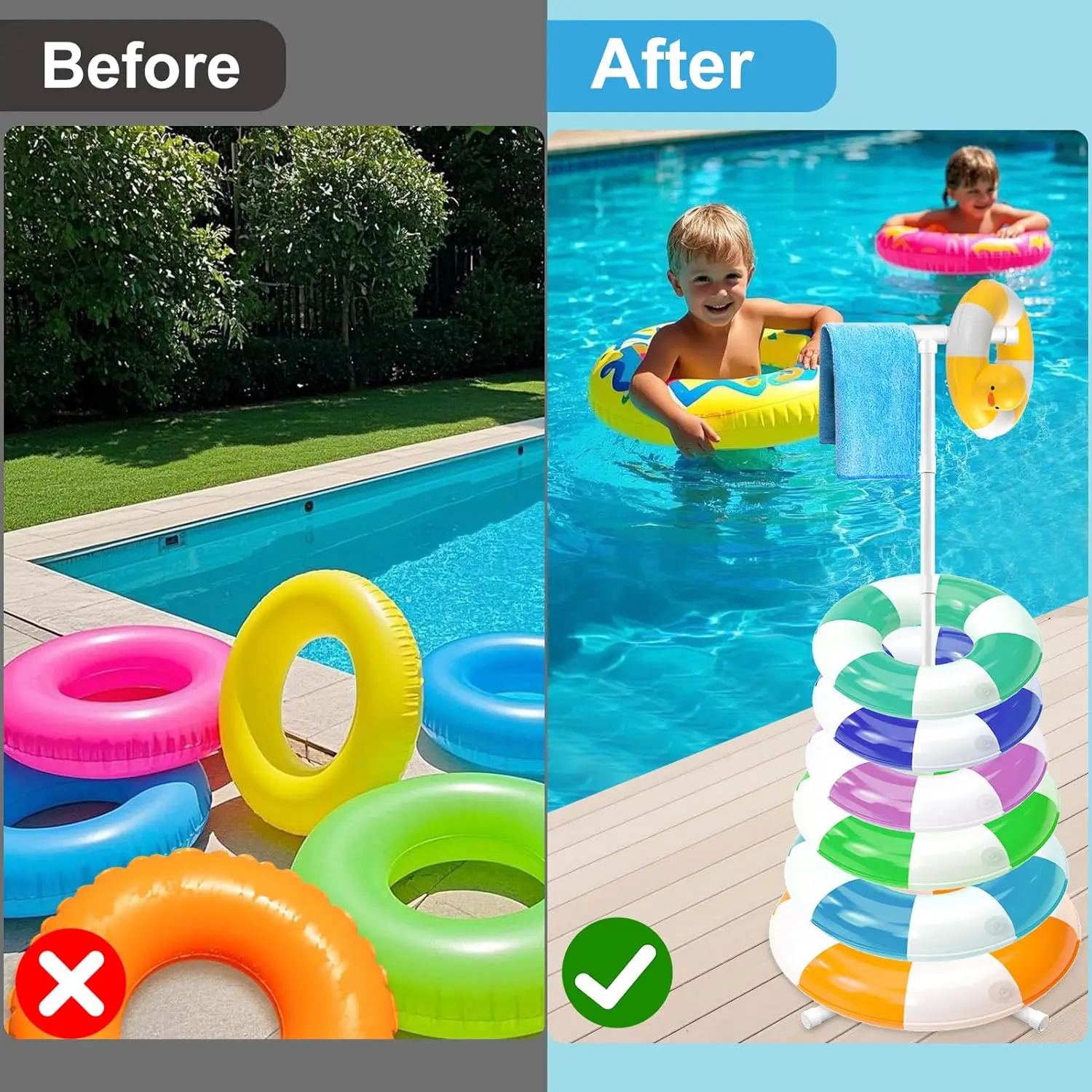 Estante de almacenamiento para flotador de piscina, soporte para flotador de piscina con bolsa de arena, peso de 60 "x 24", estante para anillos de natación de PVC, organizador de almacenamiento de toallas para piscina, 1 ud.