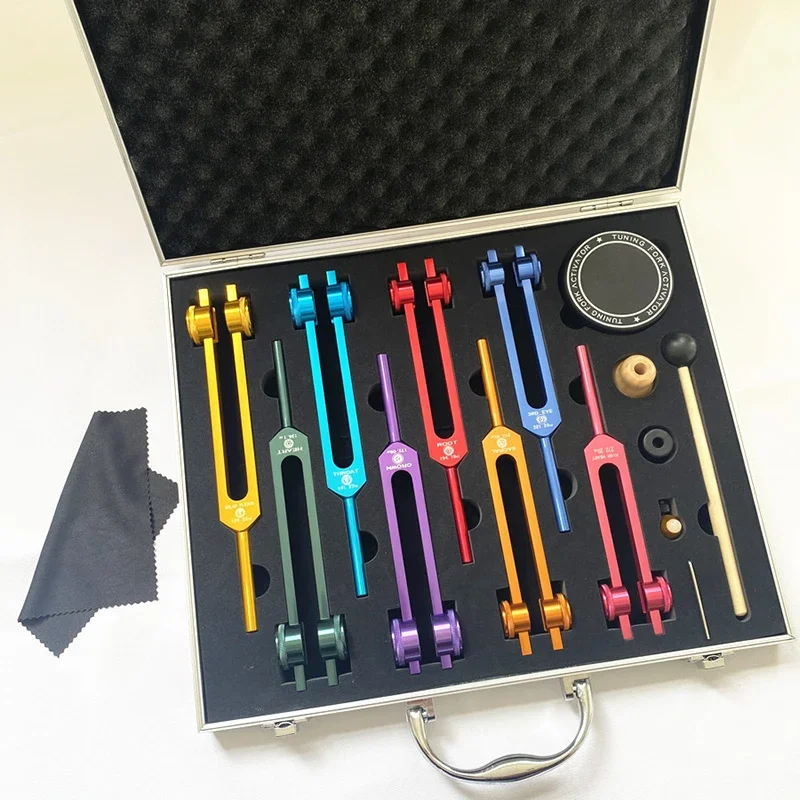 8pcs Chakra Tuning Fork Set Aluminum Alloy Tuning Forks Yoga Diapason with Beauty Tray Professional Diapasons Therapy Percussion