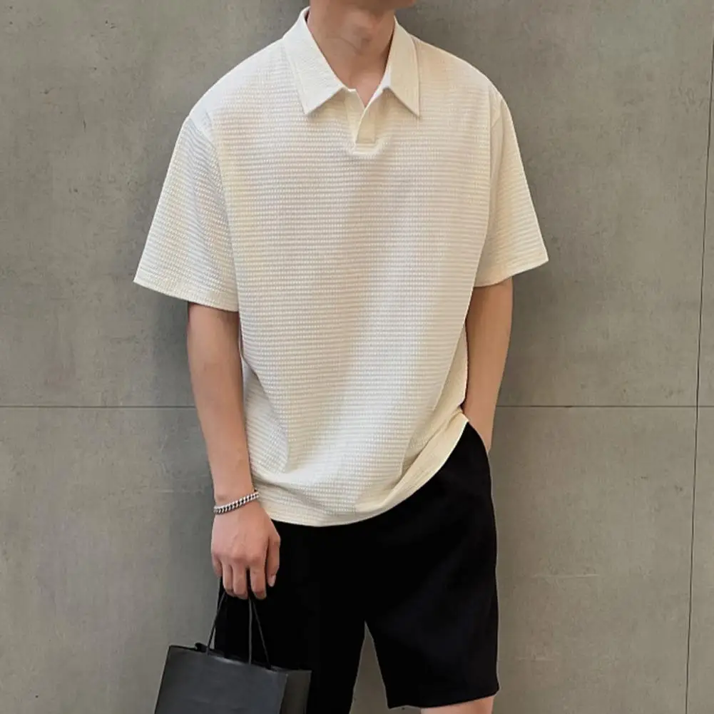 

Summer Men Formal Top Short Sleeve Half Open Turn-down Collar Solid Color Mid Length Commute Formal Wear Business Shirt