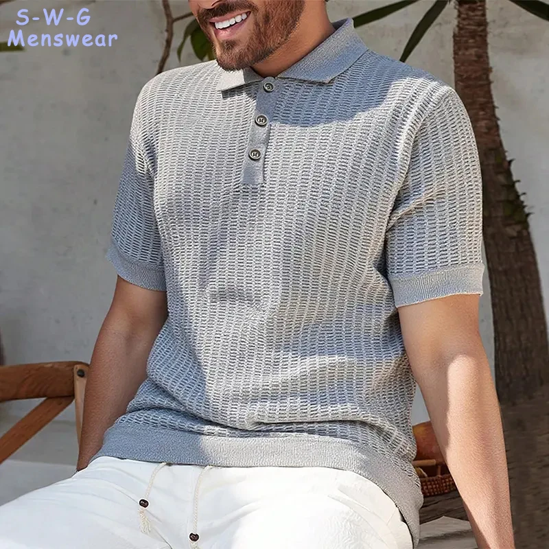 

Quality Mens Knit Polo Shirt Short Sleeve Texture Casual Golf Shorts Polo Tees Solid Color Breathable Men Summer Clothes
