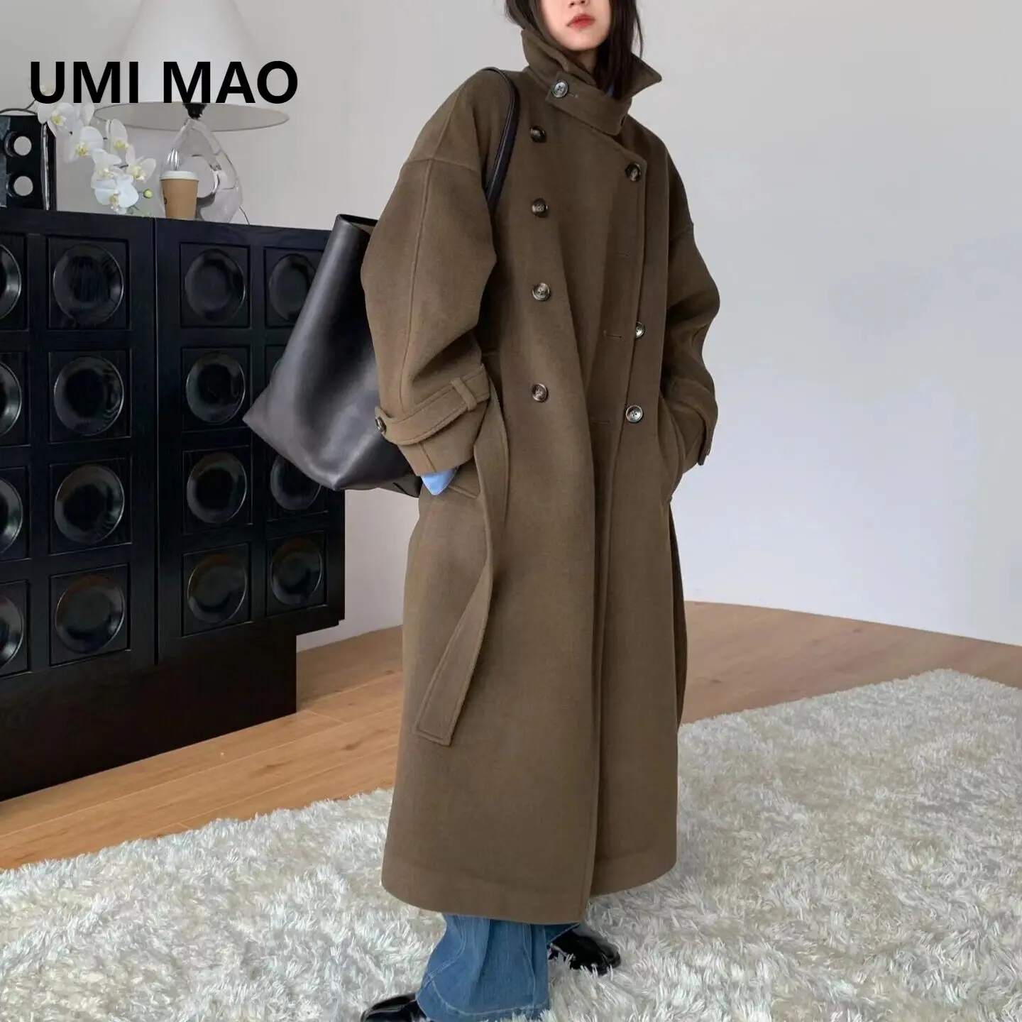 

UMI MAO Mid-Length Woolen Coat Stand Collar Lace-Up Autumn Winter Wrap Single-Breasted Jacket Female Overcoat Femme