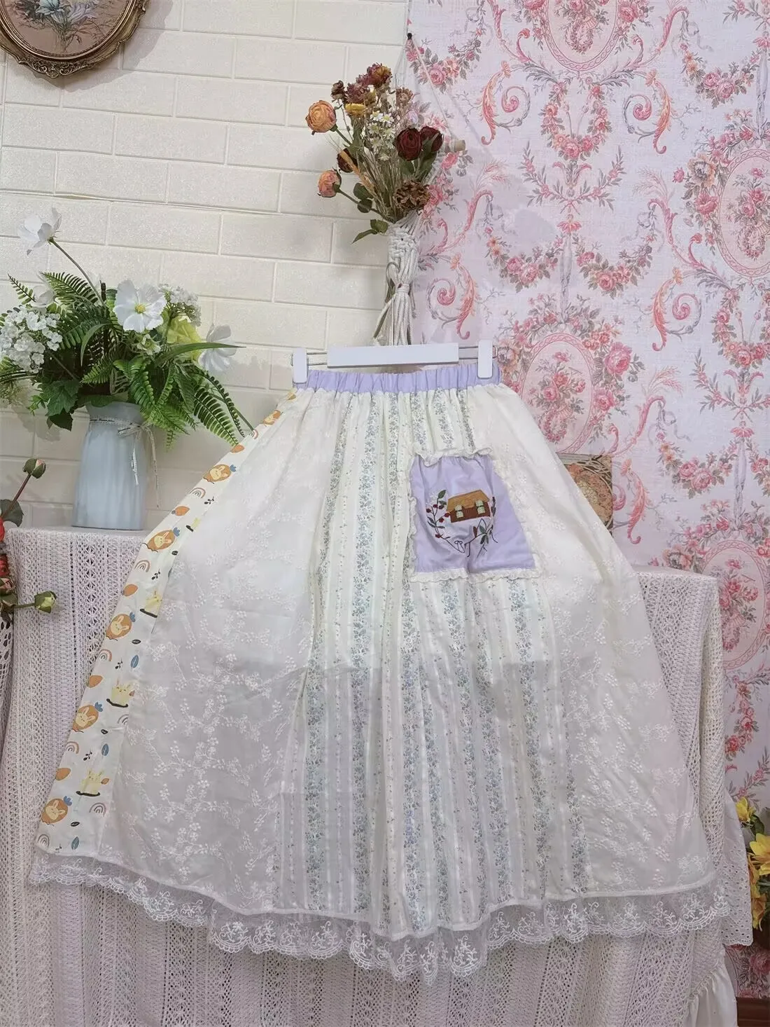 Women Elastic Waist Patchwork A-Line Midi Skirt Spring Summer Japanese Vintage Mori Girl Cartoon Lace Patchwork Skirts