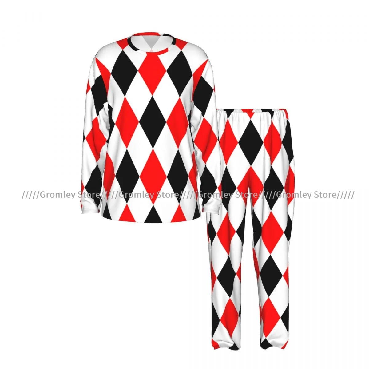 Men's Long Sleeve Long Pants Pajama Set Red Black And White Rhombuses Pattern Casual Loungewear and Sleepwear for Home
