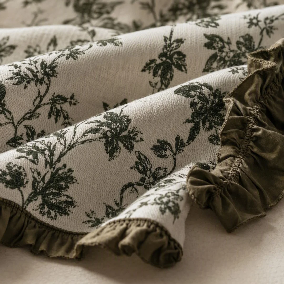 Dark Green Floral Printed Curtain with Ruffle Trim, Country Style Light Filtering Window Drape