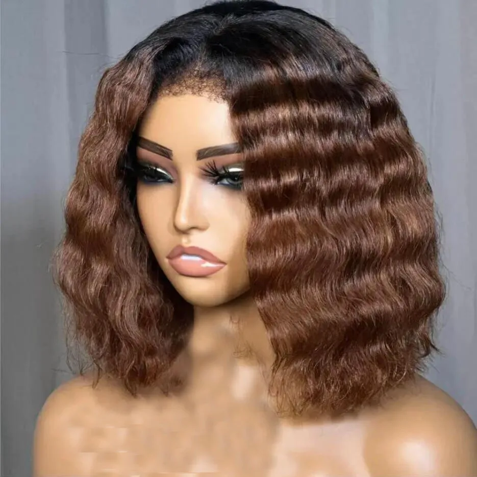 

Natural 16“ Short Bob Ombre Brown Deep Wave Soft 180Density Lace Front Wig For Women BabyHair Heat Resistant Preplucked Glueless