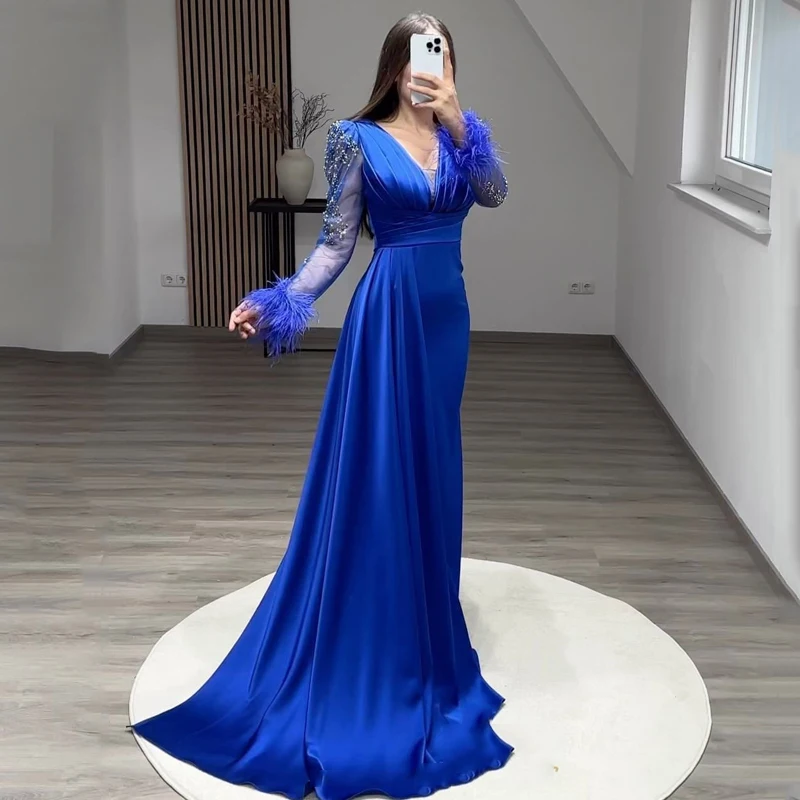 

Thinyfull Formal Prom Dresses Mermaid Long Sleeve Beadings Feather Evening Dress Saudi Arabia Cocktail Party Gowns Custom Size