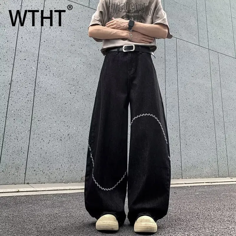 

WTHT Fashion Men's Striped Embroidery High Street Denim Pants Vintage High-waisted Loose Wide Leg Jwans Male 2025 Summer 2A1337