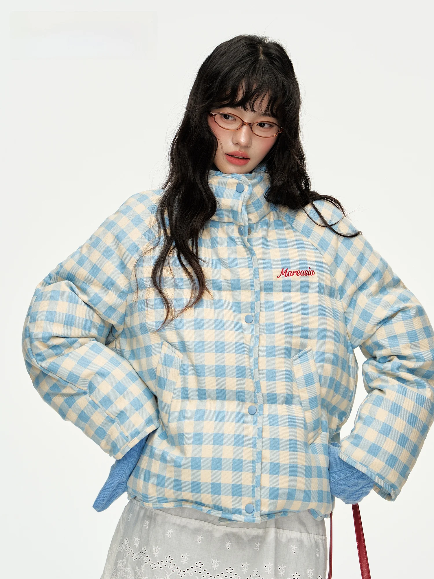 

Женская зимняя куртка Mareasia Original Design с синим клетчатым узором, укороченная, для повседневной носки, размер 2025, новая коллекция