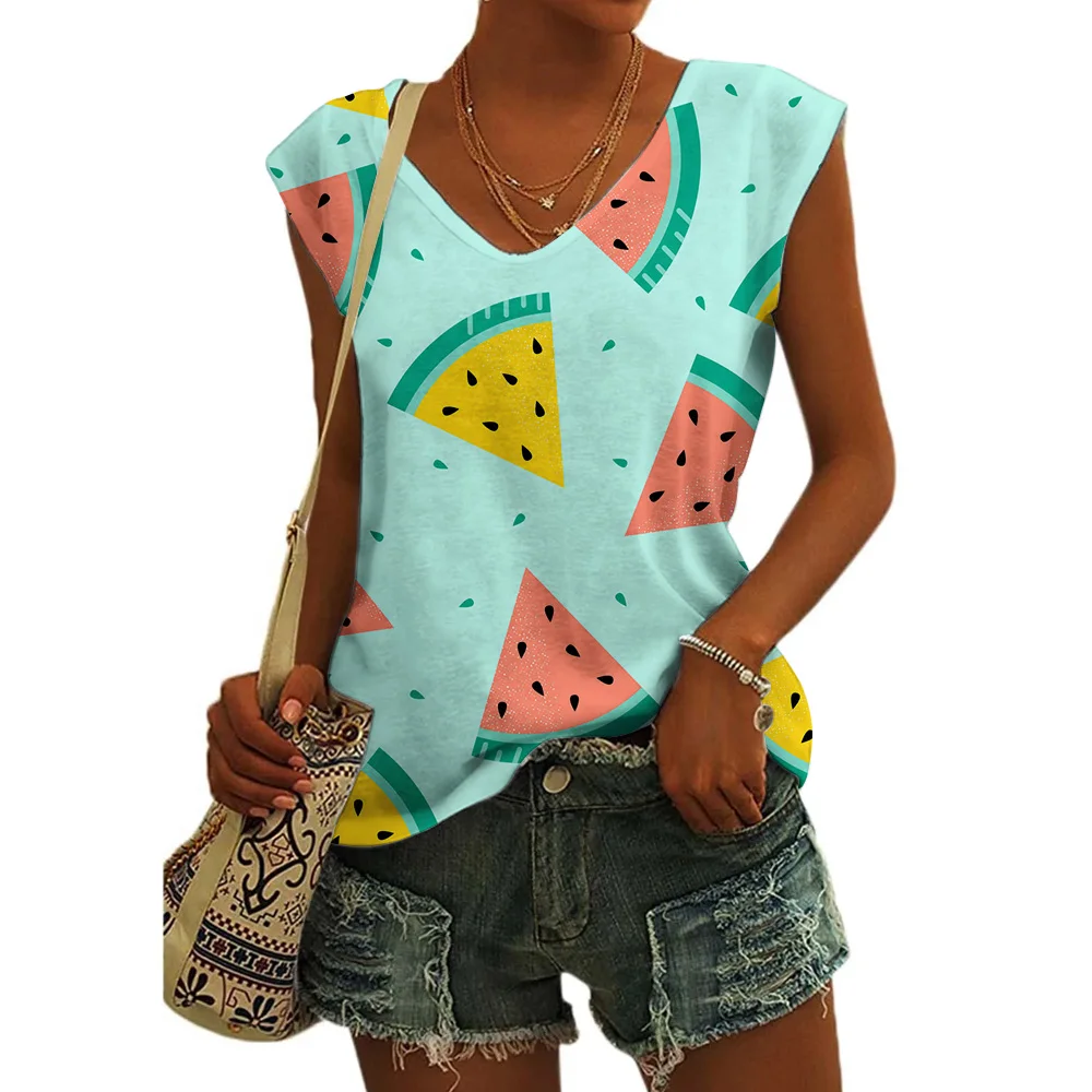 Cap Sleeve Tops Women Graphic V Neck Tank Tops Watermelon Print Casual T-Shirts 2024 New Style Summer Streetwear Clothes S-5XL