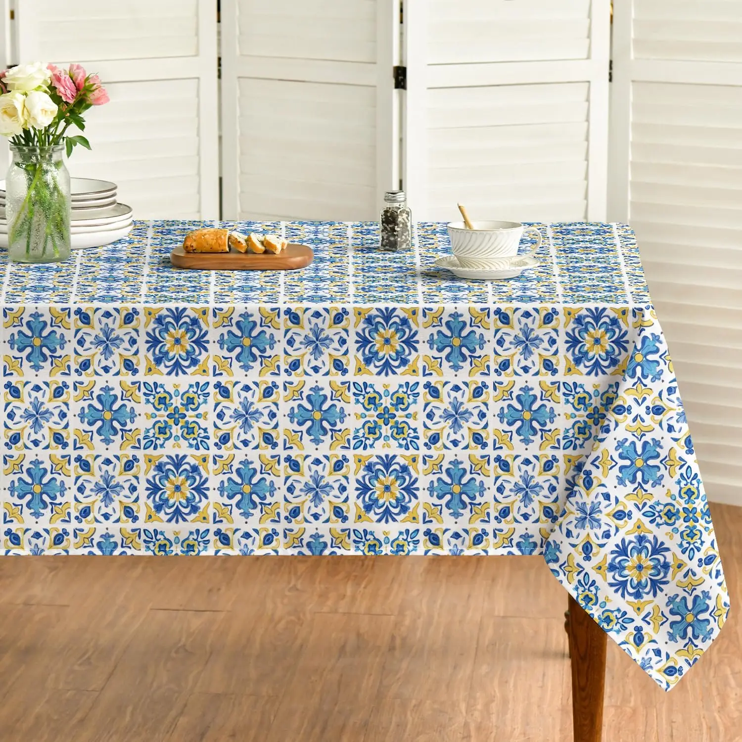Blue Talavera Tiles Rectangle Waterproof Tablecloth for Table Decor Washable Kitchen Dining Tablecloth Wedding Party Decorations