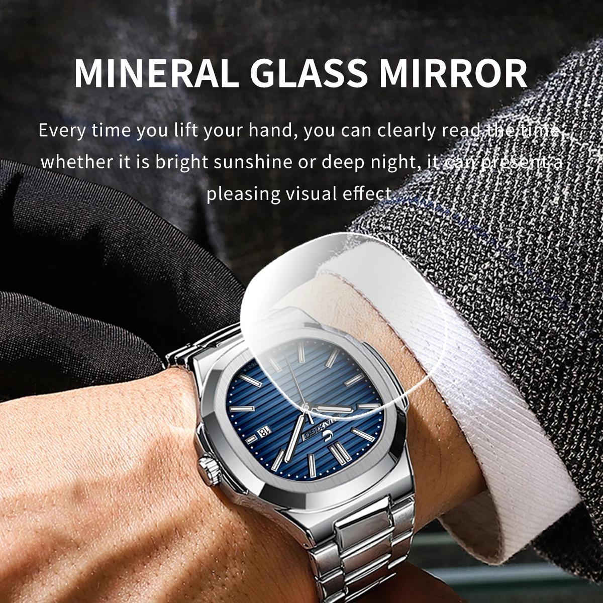 CHAXIGO Masculino Clássico Negócios Casual Pulseira de Aço Inoxidável Relógio de Quartzo Vidro Mineral Display Luminoso Relógio Vestido À Prova D 'Água
