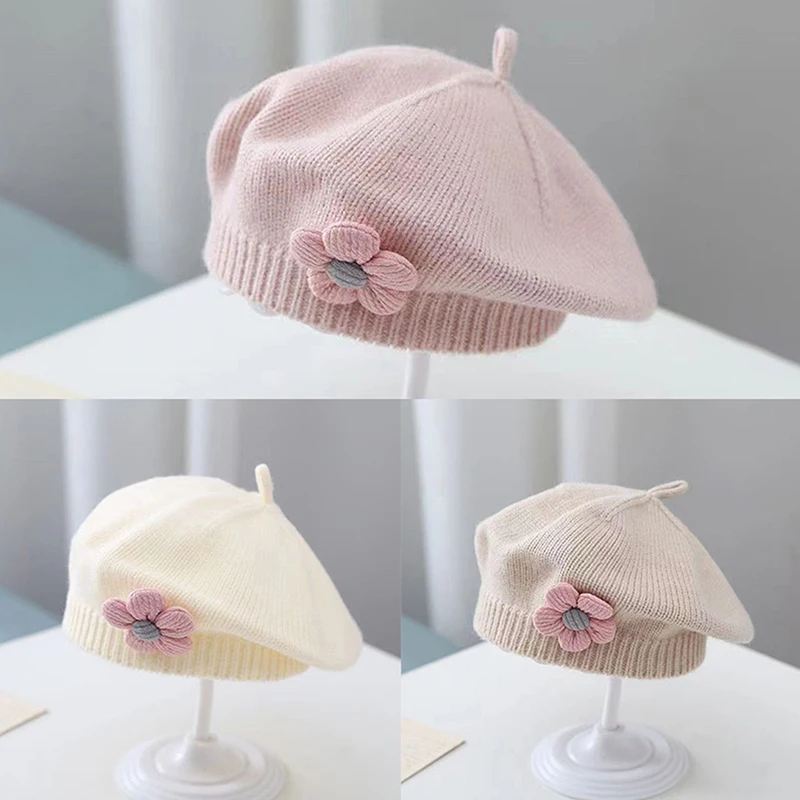 

Flower Baby Beret Hat Solid Color Winter Warm Knitted Beanie Cap For Infant Girls Korean Toddler Princess Artist Painter Caps