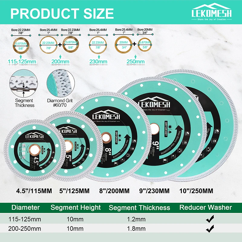 Lekomesh 1 Stuk 3/4.5/5/8/9/10 "Diamant Slijpschijf X Mesh Turbo Keramische Porseleinen Tegel Marmer Droog Zagen Zaagblad Cirkelzaag