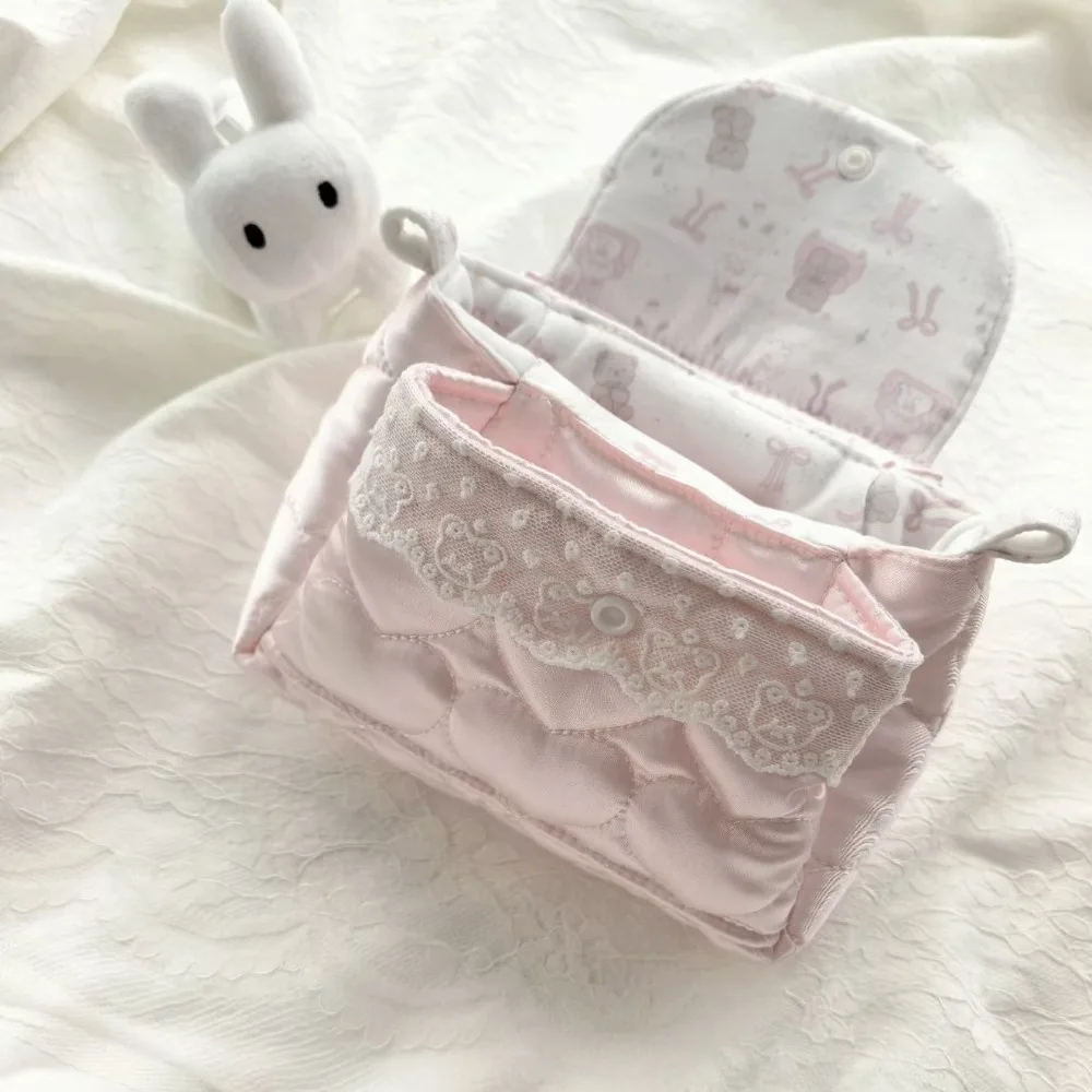 Cute Bear Love 3-Layer Storage Pouch Ins Style High-End Handmade Cotton Linen Travel Organizer Multifunctional DIY Makeup Bag