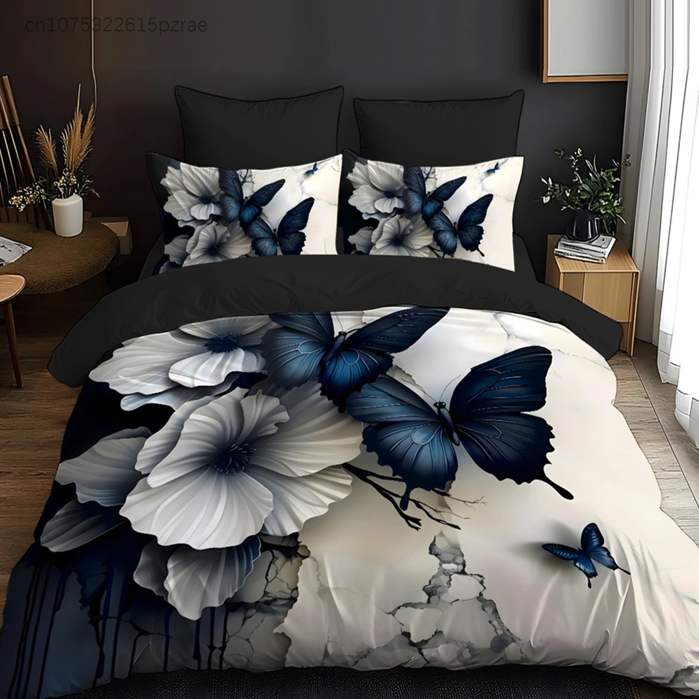 Blue Butterfly Floral Marble Bedding Set 3D Print Duvet Cover Pillowcase Skin-Friendly Fade-Resistant For Bedroom Decor