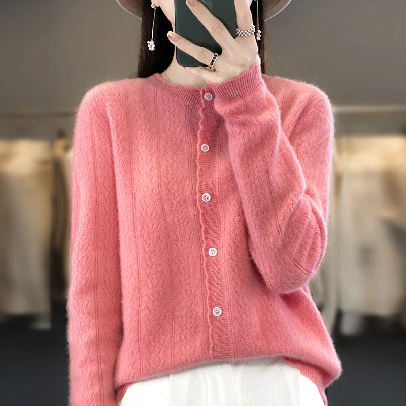 2024 Spring Autumn Winter New 100% Merino Wool Crewneck Sweater Cardigan Women\'s Fashion Jacquard Knit Cardigan Wave Edge Top