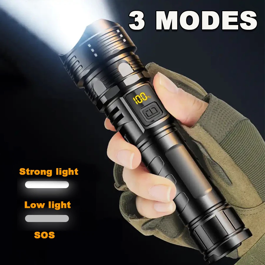 500W High Strong Power Led Flashlights with Display Rechargeable Powerful Flashlight Tactical Torch Lamp Outdoor Camping Lantern