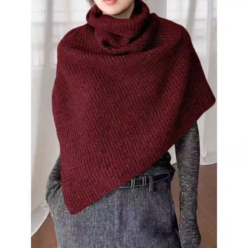 Split knitted scarf for women dark gray versatile shawl neck cover autumn and winter layering external warm cover headband scarf