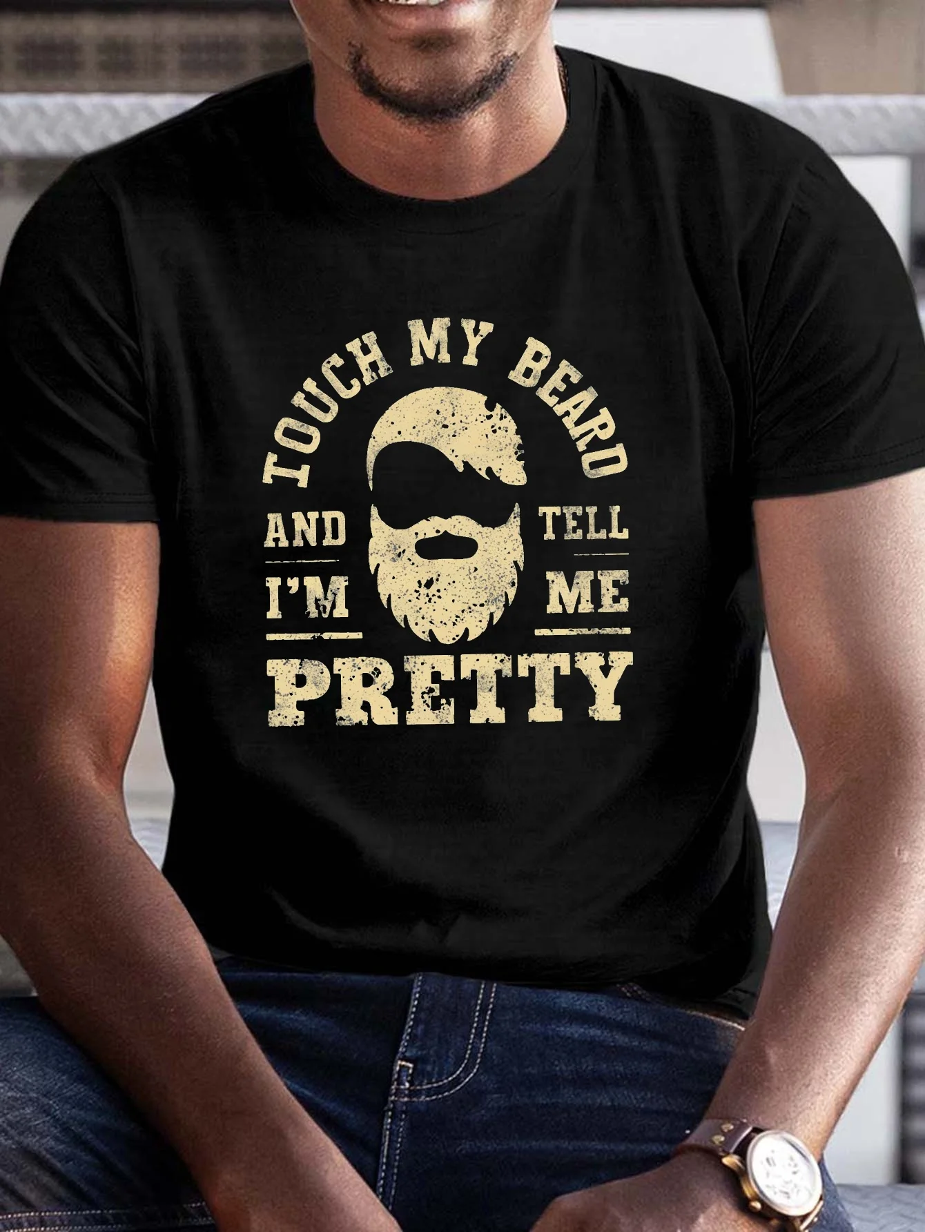 Men's Large Size Casual Summer T-Shirt, Printed with Geometric Beard Pattern, Short Sleeves, Knitted Fabric, Round Neck, Fashionable Casual Top, Suitable for Everyday Life