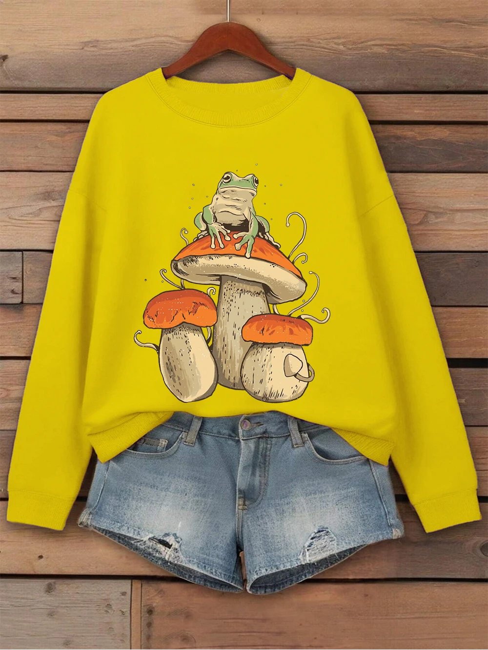 キノコダークアカデミアカエルプリントスウェットシャツレディースフリース暖かいルーズパーカーベーシッククルーネックプルオーバー冬スポーティな服