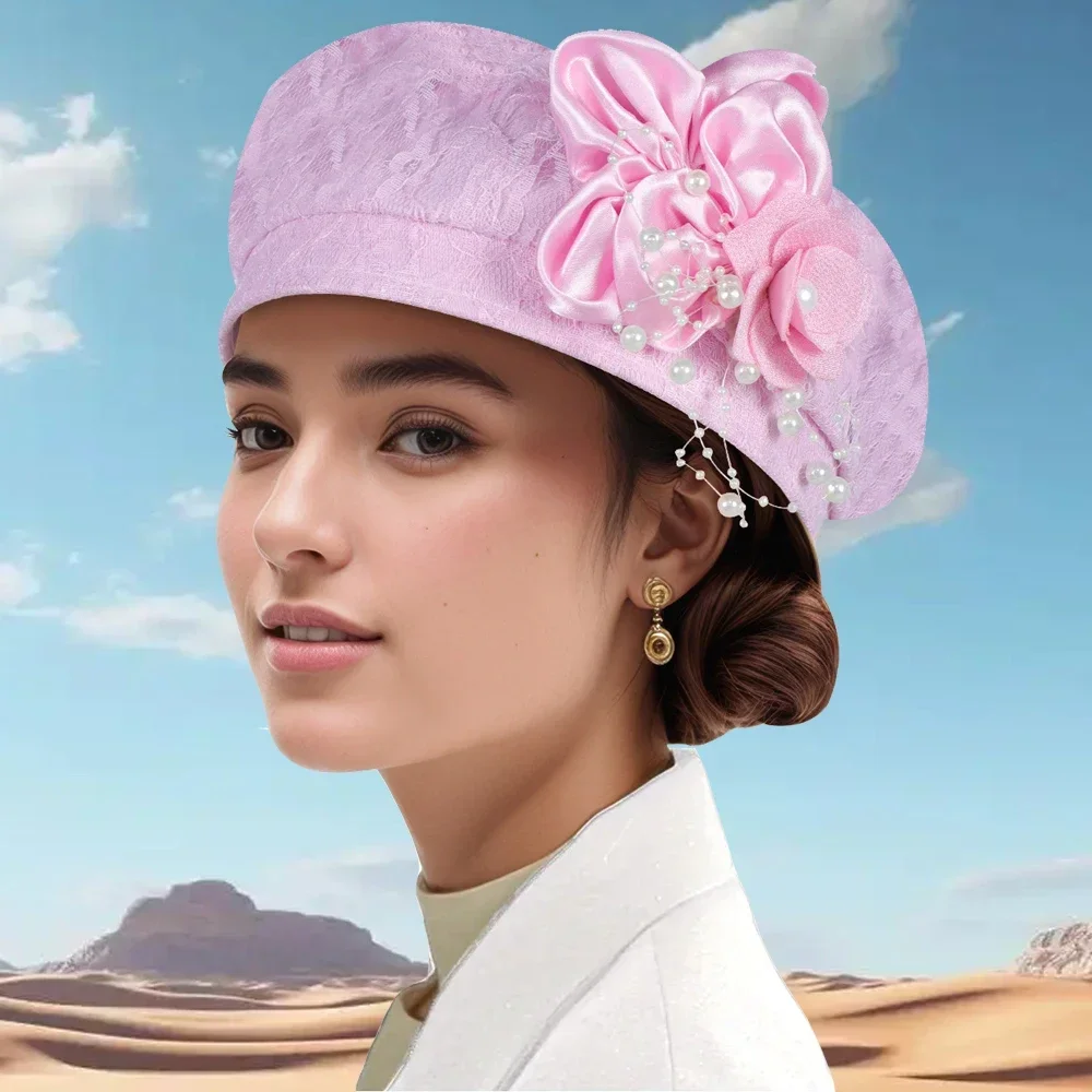 

New African Headtie Turban Hat for Women Beret Caps Lace Beads Party Head Wrap Auto Gele Nigeria Wedding Flower Headpiece Bonnet