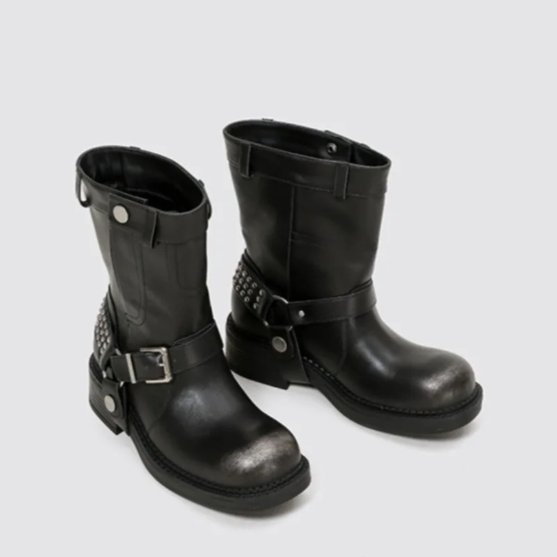

New Women Shoes Retro Luxury Genuine Leather Motorcycle Boots for Woman Exquisite Platform Ankle Boot Designer Shoes Botas Mujer