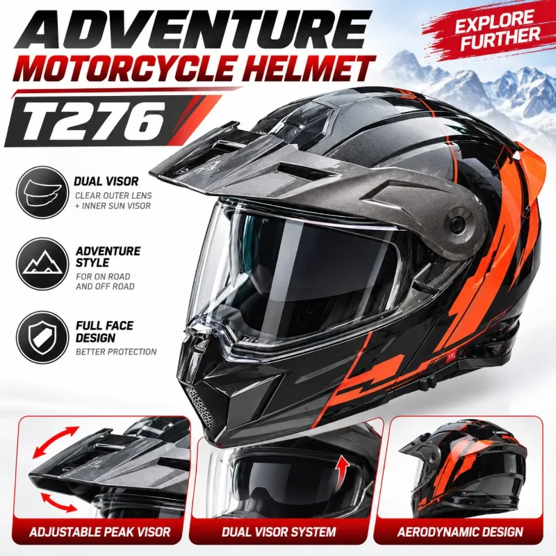 T276 Adventure Motorcycle Helmet Dual Visor Full Face Off Road Motocross Touring Rally Riding Helmet for Men Women