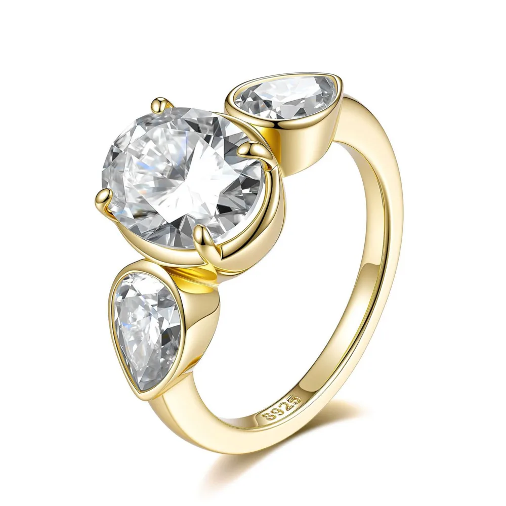 S925 Sterling Silver Three‑Stone Pear Round Moissanite Ring D VVS1 Mixed Bezel Prong Setting Curved Band Women Wedding Jewelry