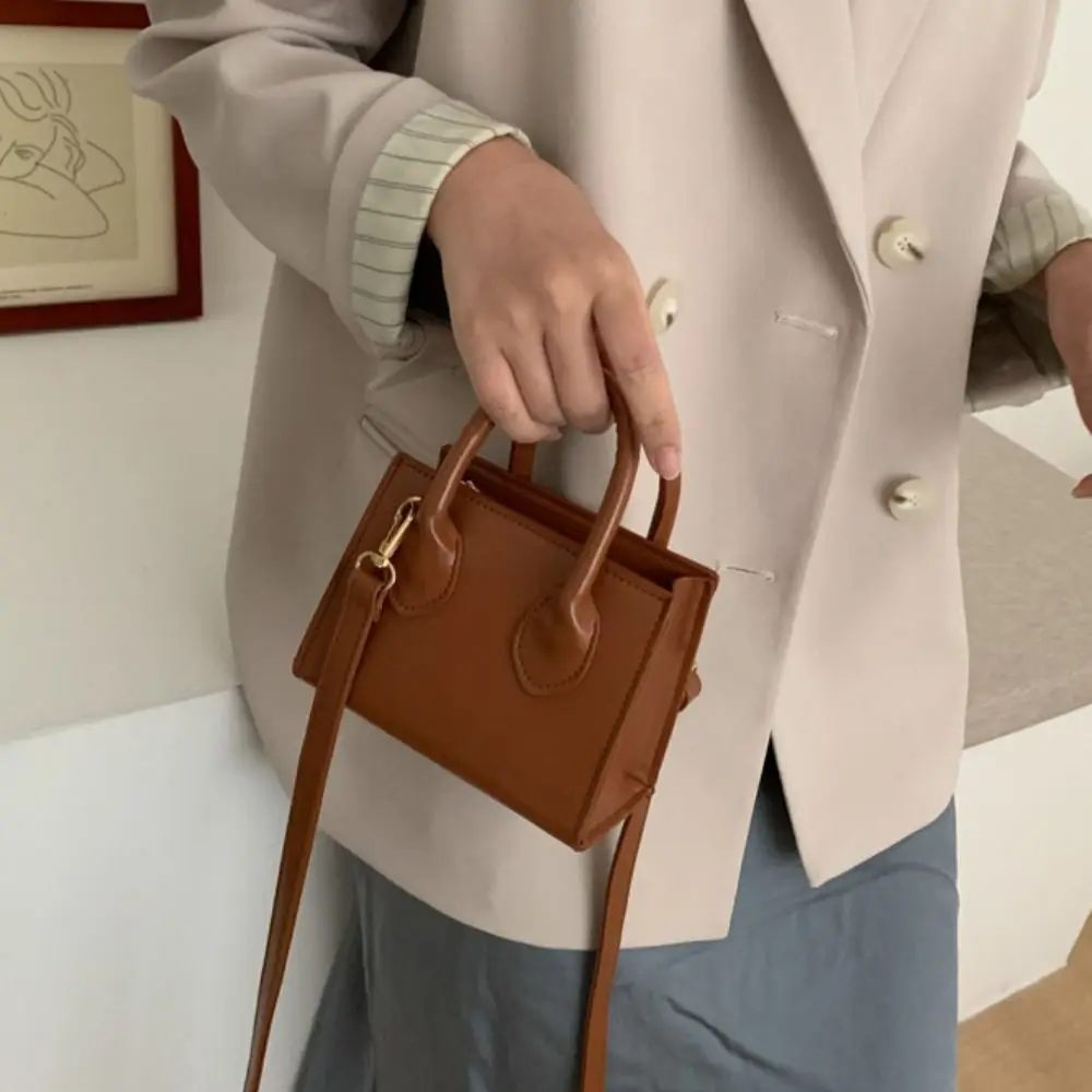 

PU Leather Small Square Bag Solid Color Minimalist Mini Handbag Top Handle Adjustable Straps Women's Crossbody Bag Female