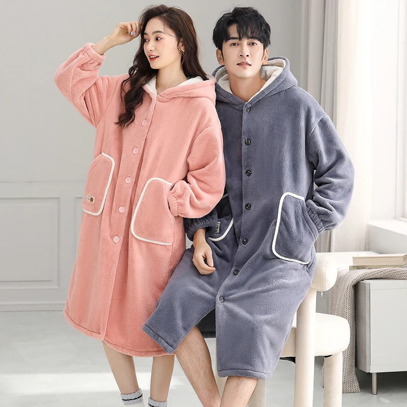 Couple Hooded Robe Winter Flannel Bathrobe Home Clothes Robe Coat thick pijamas hombre robes 3XL