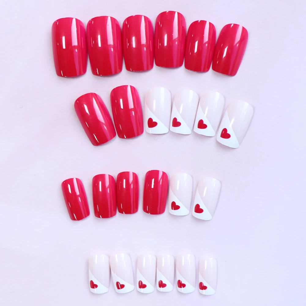 24PCS Rose Red Nail Medium Square Fake Nail Simple Heart-Shaped Design Press Type Artificial Acrylic Full Coverage fake nail