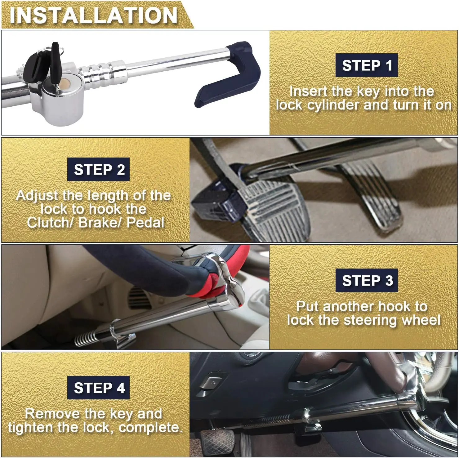 Universal Steering Wheel Brake Lock Anti-Theft Retractable Double Hook Extended Car Security with 3 Keys