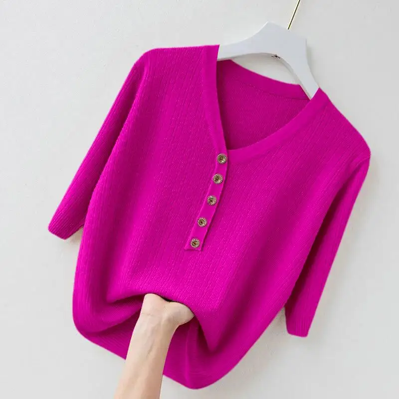 Summer New Knitting Solid Color Pullovers V Neck Short Sleeve All-match Short Sweaters Tops Fashion Temperament Women Clothing