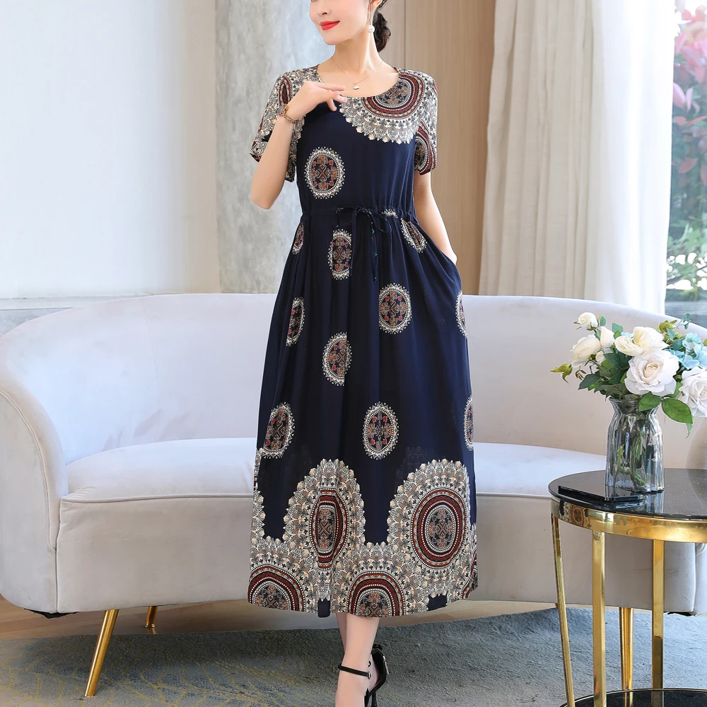 New Hot Casual Fashion Summer Dresses For Women 2023 Vintage Elegant Short Sleeve Printing Women Dress O-Neck Women Clothing