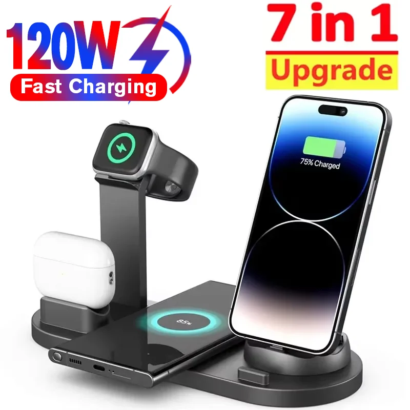 120 Вт 7 в 1 Беспроводные зарядные устройства Подставка для iPhone 16 15 14 13 Pro Max Apple Watch Airpods Pro iWatch 8 7 Станция быстрой зарядки
