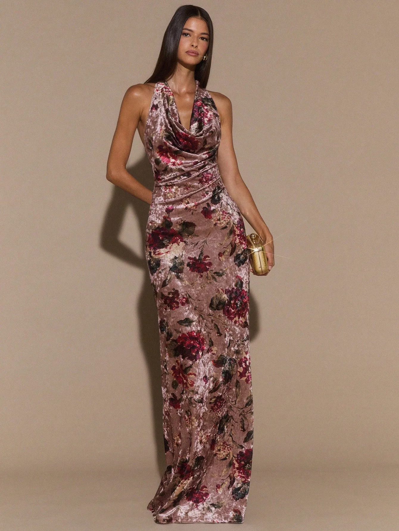 

Floral Velvet Halter Neck Draped Maxi Dress for Women