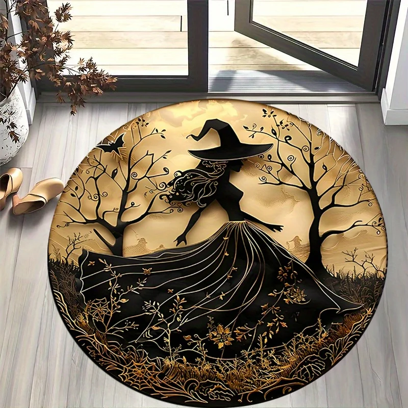 1pc of Halloween-Themed Round Mat with Evil Witch Design - Soft Flannel Polyester, Machine Washable, Ideal for Kitchen, Bedroom