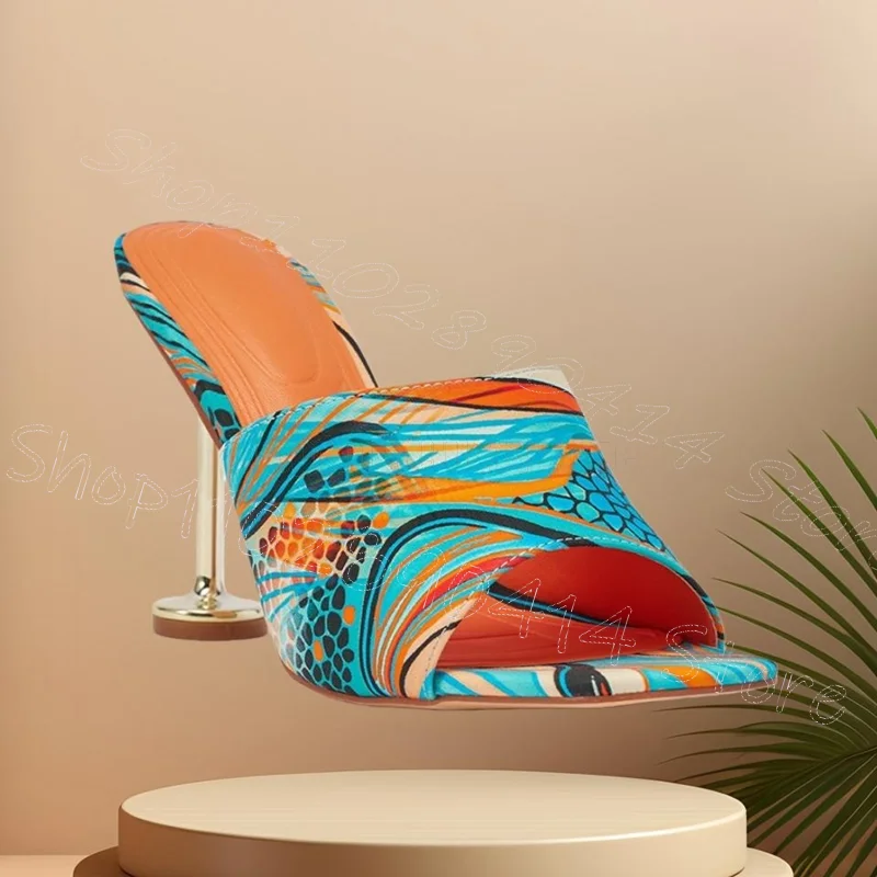

Graffiti Print Strange Style Heels Slippers Slip On Women Shoes Thin High Heels Open Toe Party Banquet 2026 Zapatos Para Mujere