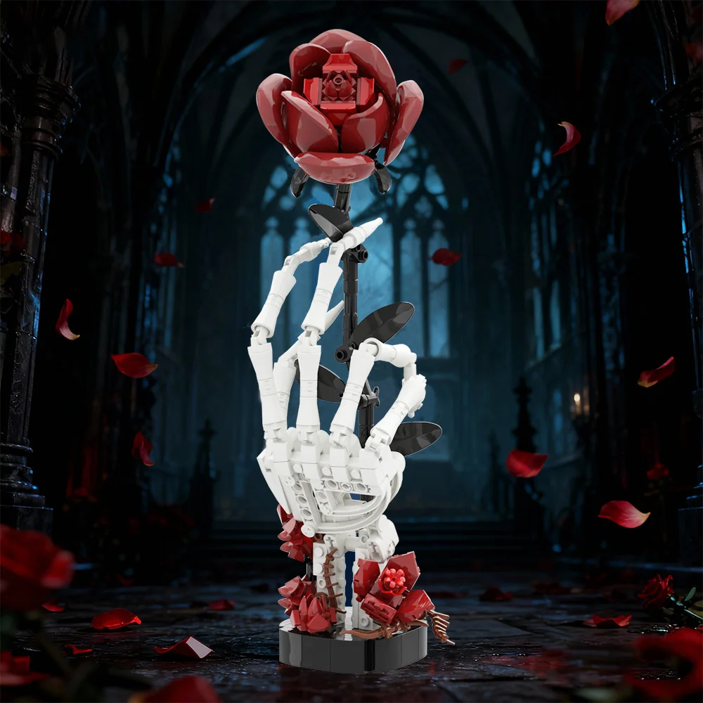 Mano de esqueleto gótico con bloques de construcción de rosas, macabro, regalo de San Valentín para adultos, decoración romántica oscura DIY