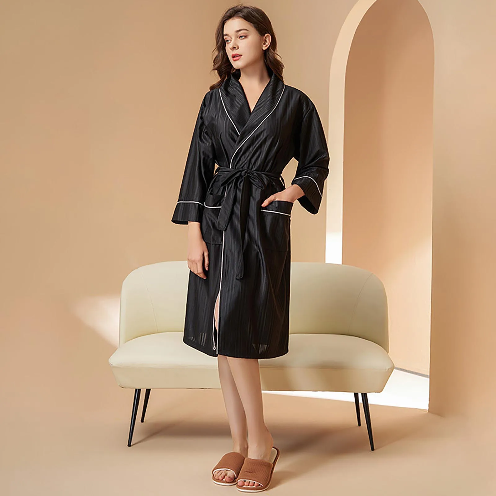 Women's Solid Color Spring And Autumn Elegant Casual Lightweight Bathrobe Loose Comfortable Medium Length Pajamas Robe