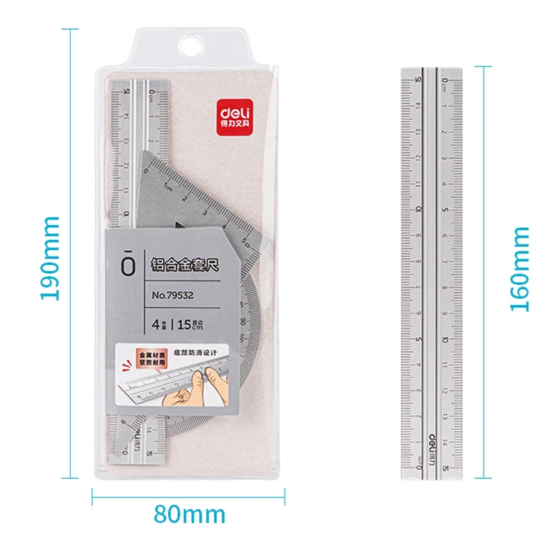 Imagem -06 - Deli Student Stationery Grupo Régua Triangular Régua Reta Grade Ângulo Ferramenta de Medição Liga de Alumínio Material Pcs por Conjunto