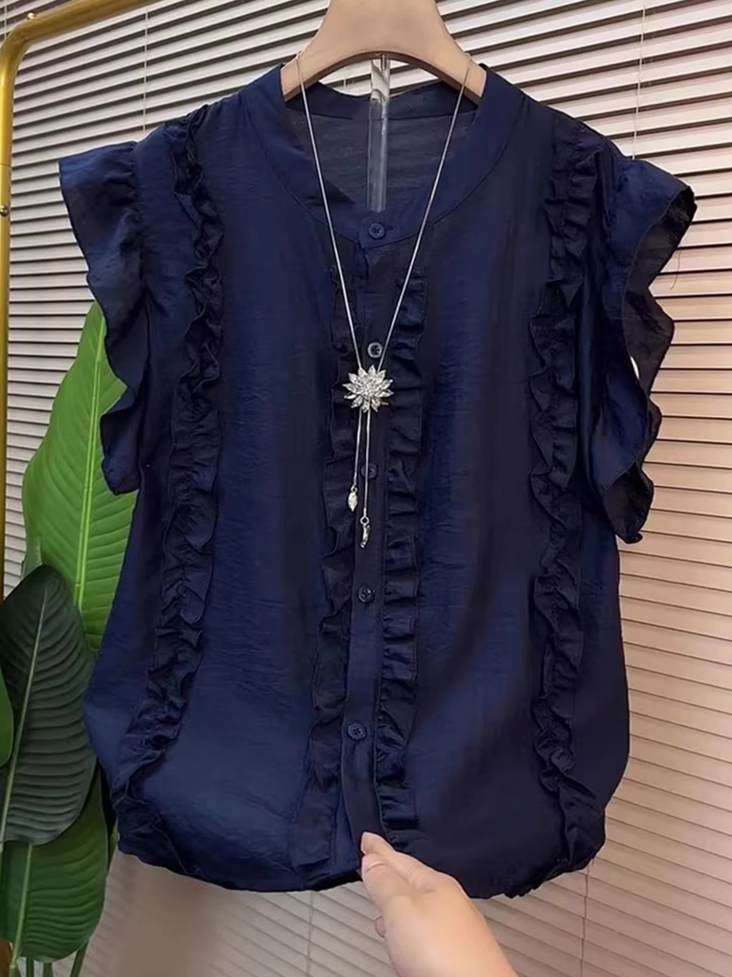 

Ele Pure Color Single-Button irt with Wood ain Ruffle Casual ort-Sve Summer Faionable Top Women's Clothing