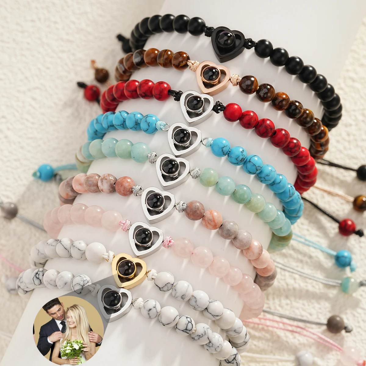 6mm Natural Stone Bracelet with Custom Photo Projection Bracelet Personalized Natural Beads Heart Bracelet Jewelry Gift