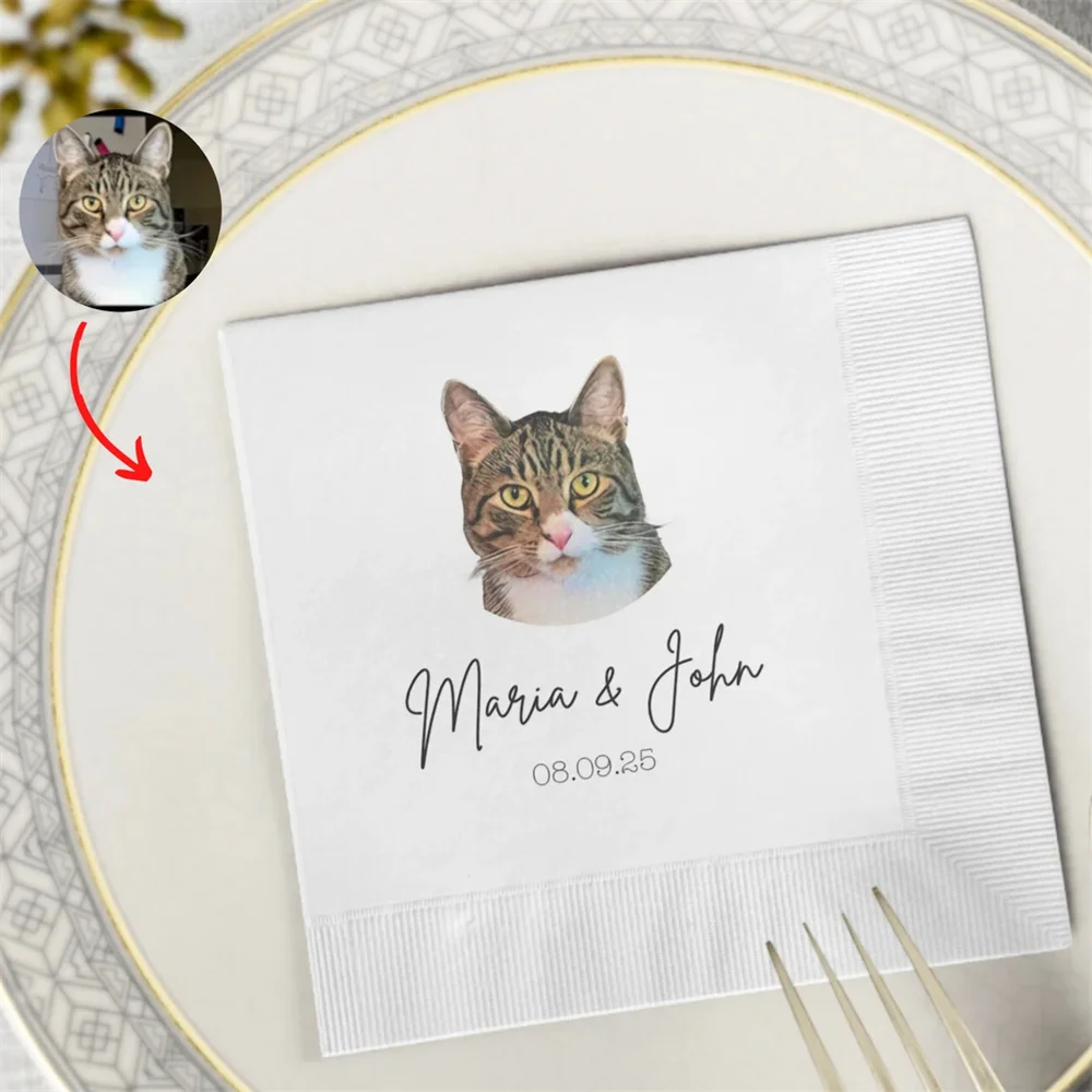 50 PCS Full Color Personalized Pet Wedding Cocktail Napkins, Custom Wedding Napkins, Dog Cocktail Napkins Wedding, Couple Monogr