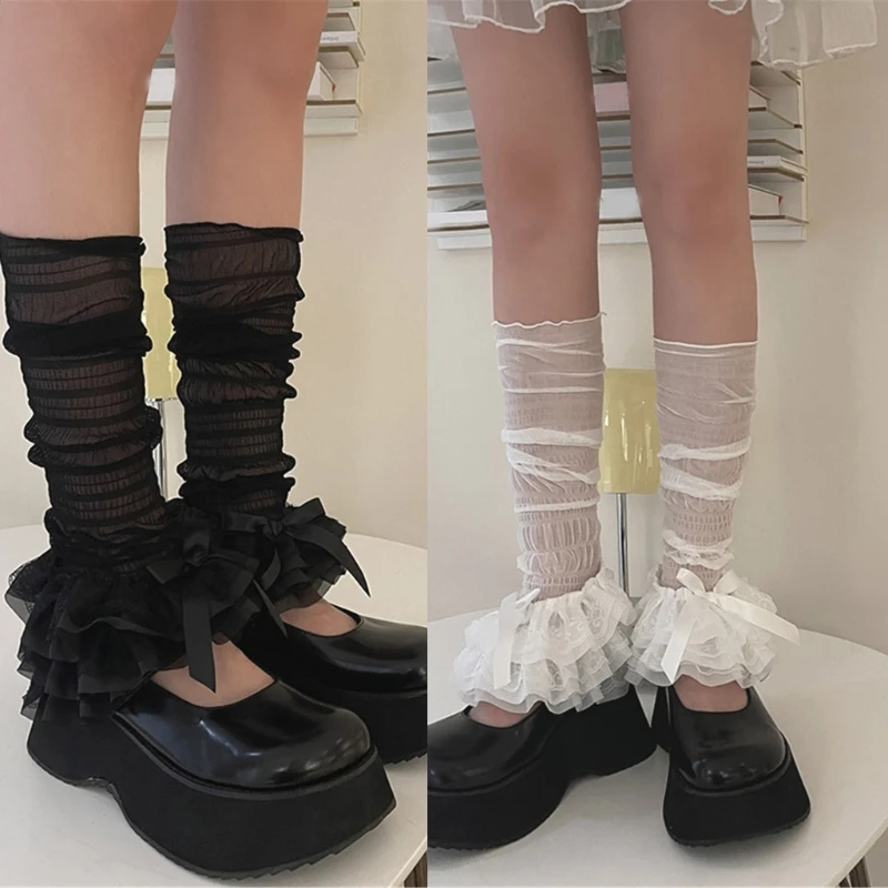 

1 pair Women Girl See Through Mesh Loose Leg Warmer Cover Thin Footless Long Sock Tiered Ruffled Lace Bowknot Flared Leg Sleeve